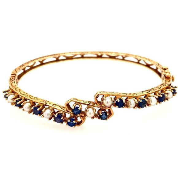 (#2) 14K Antique Seed Pearls and Blue Sapphires Bangle - Picture 1 of 16